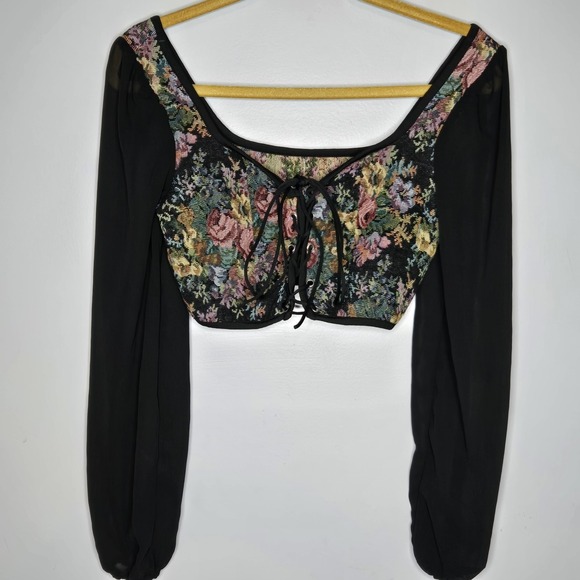 ROMWE Tops - Floral Tapestry Lace Up Corset Crop Top Sheer Long Sleeve S Goth Fairy Grunge